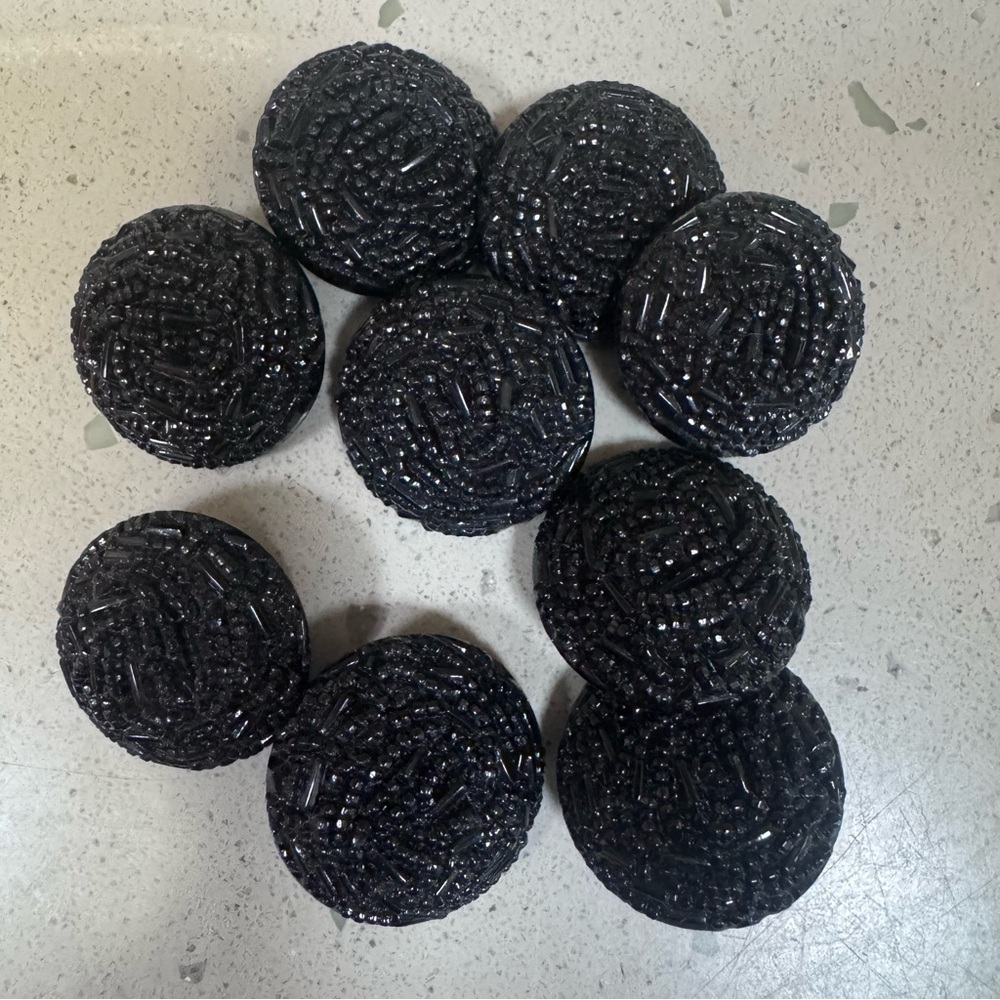 Set of 9 VTG 1” Jet Black Glass Beaded Buttons – Stunning & Rare!